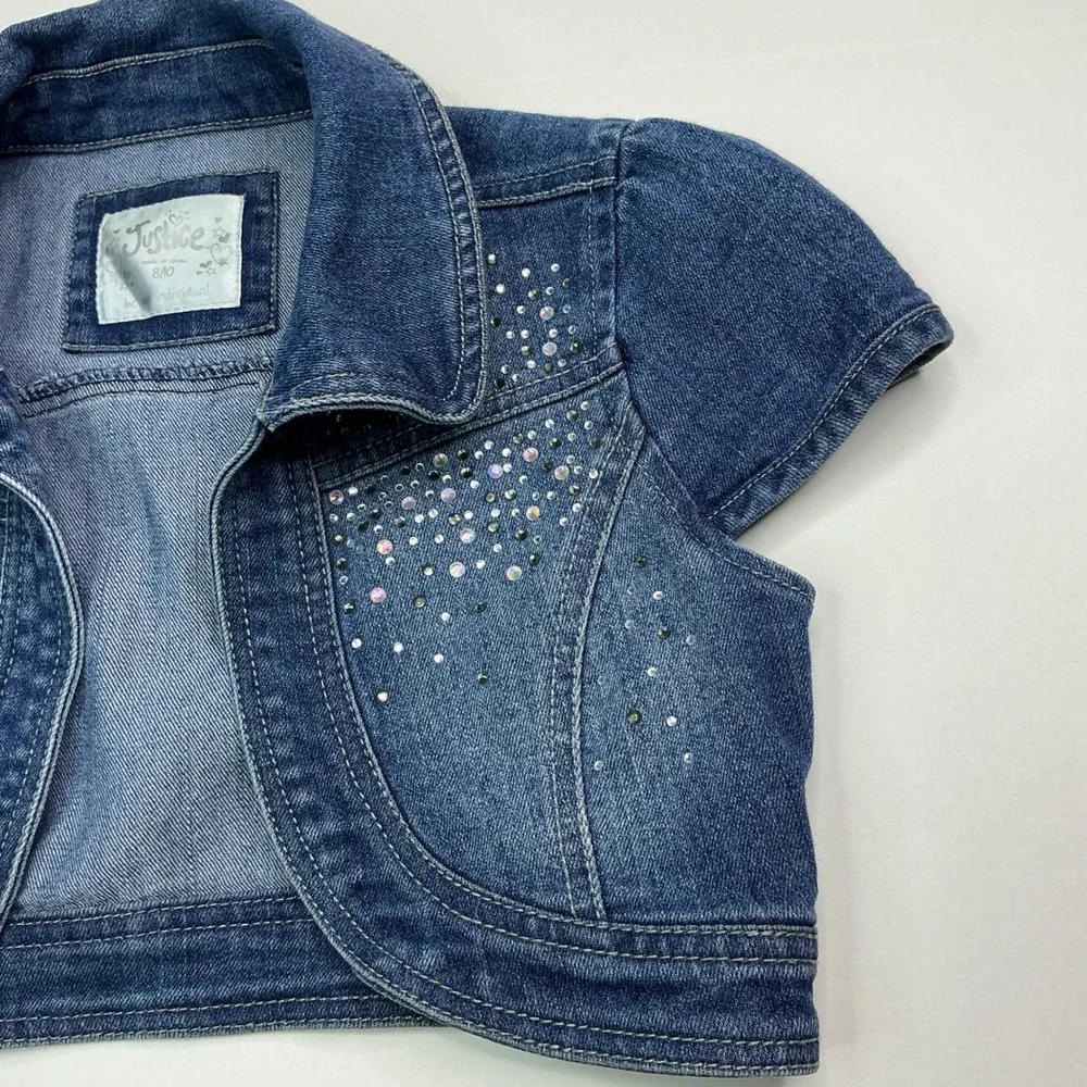 Justice Blue Denim Bolero Shrug Kids 8/10 Rhinestone Embellished Cap Sleeve